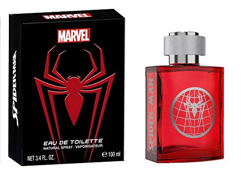 Marvel Spider-Man cologne bottle front shows iconic branding for confident daily wear.
