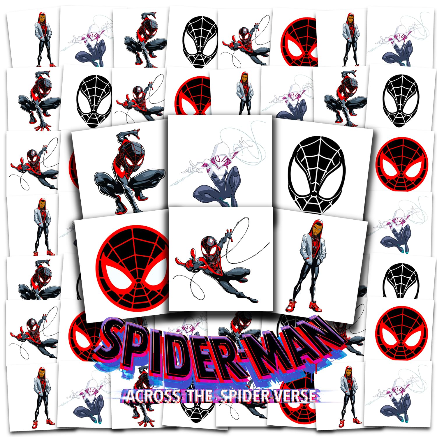 Marvel Spiderverse tattoos perforated 70-pack, easy to apply for party favors.