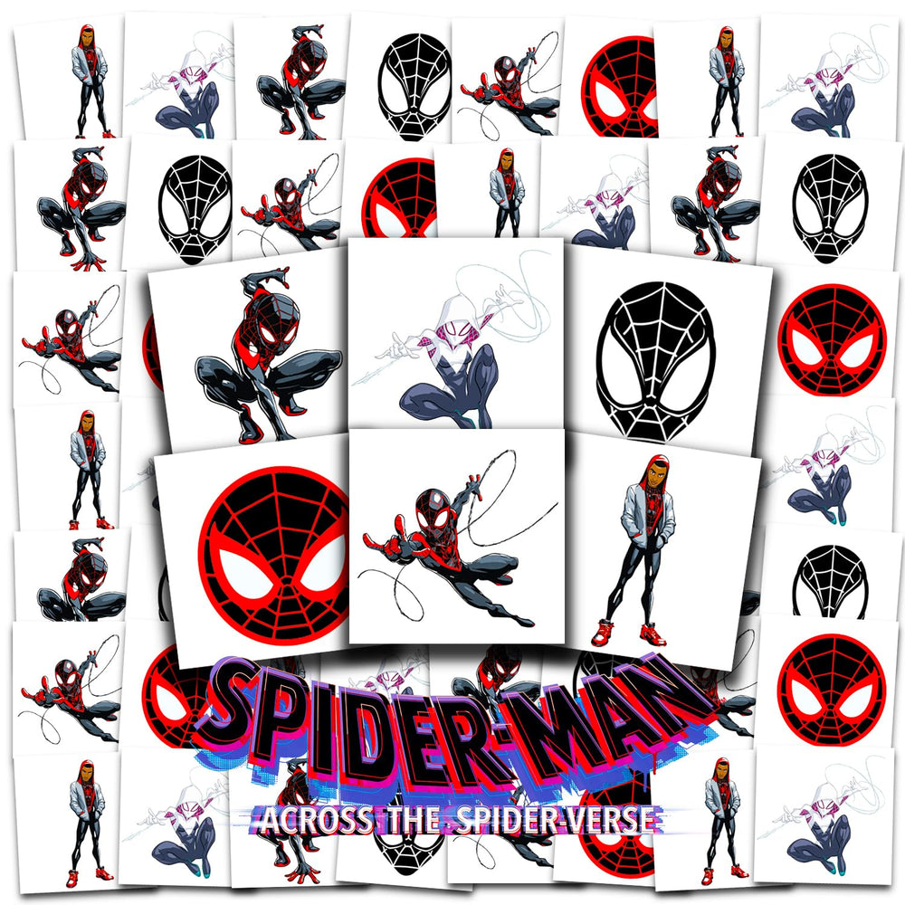Marvel Spiderverse tattoos perforated 70-pack, easy to apply for party favors.