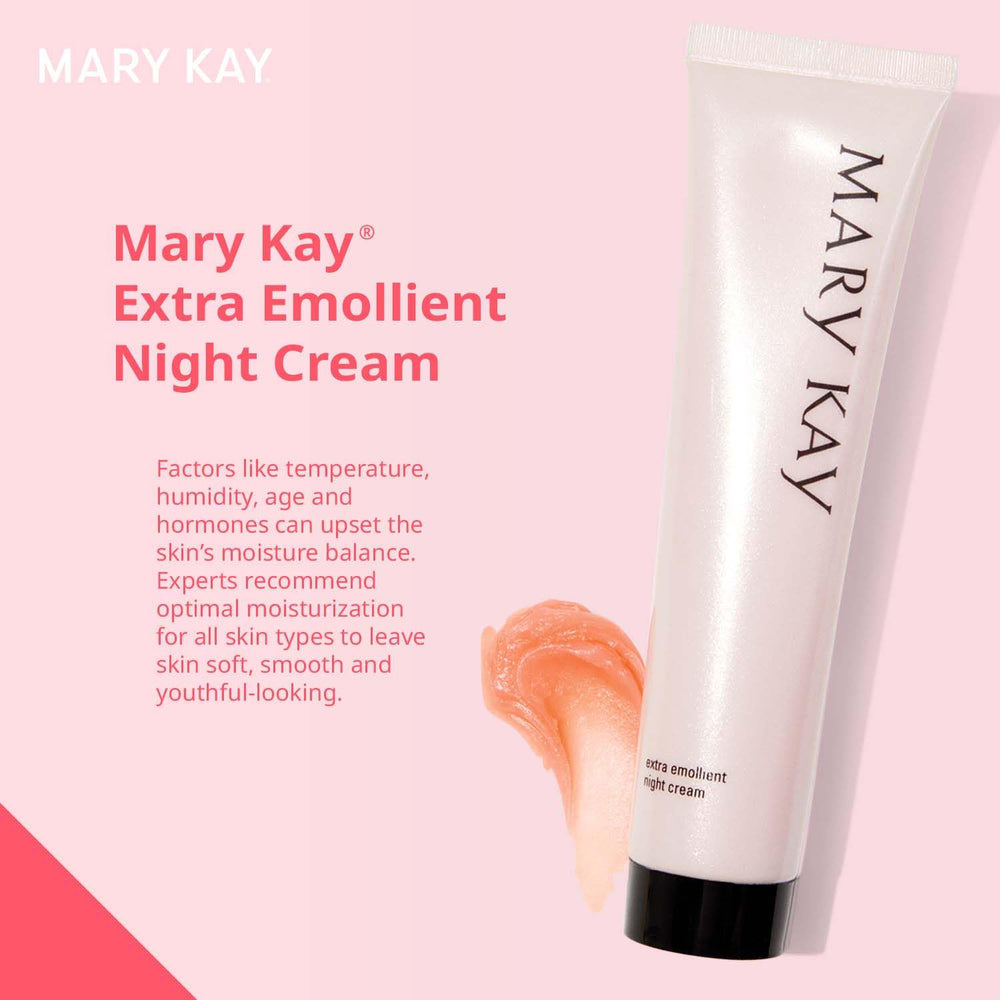Mary Kay Extra Emollient Night Cream label detail shows product benefits and usage notes.