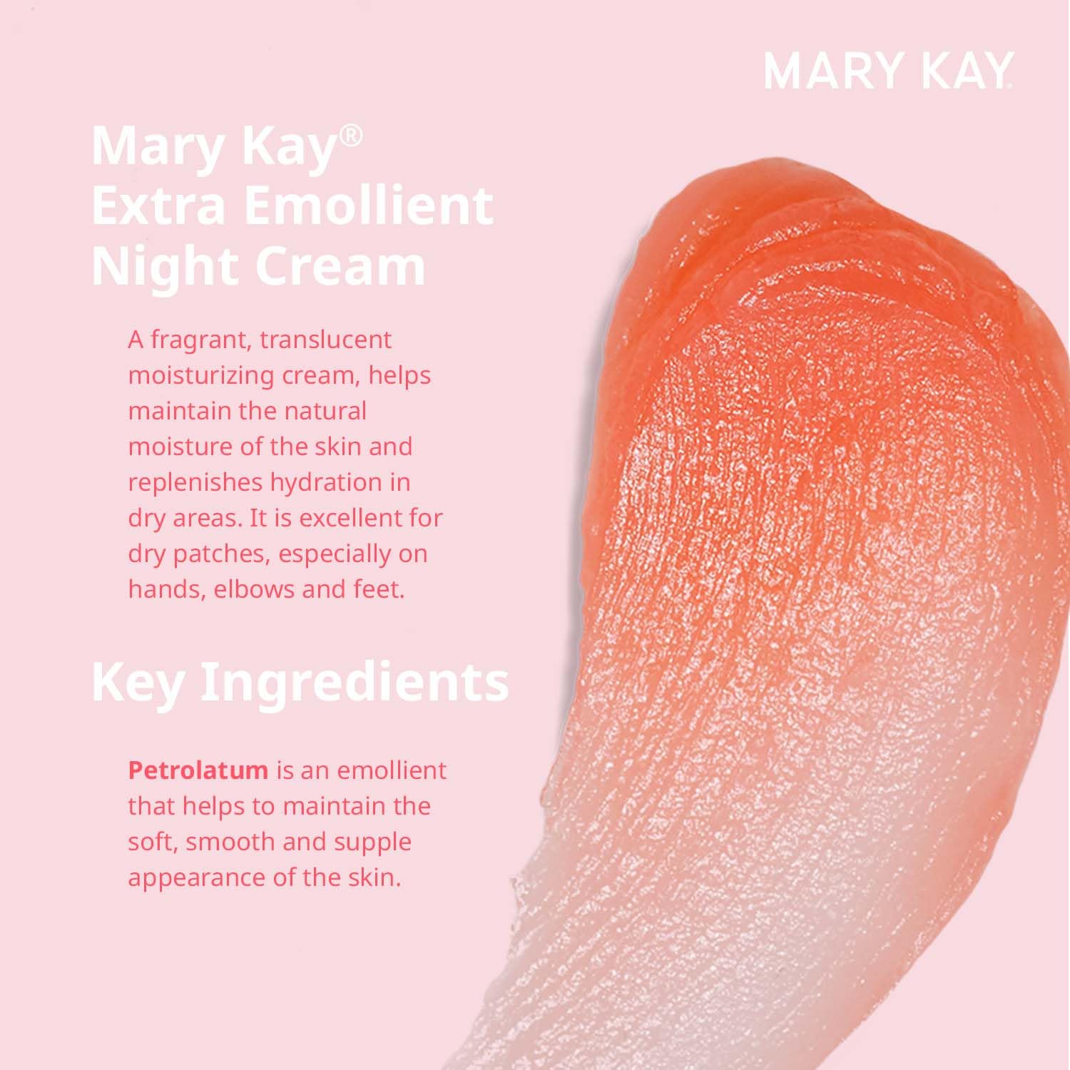Mary Kay Extra Emollient Night Cream texture swatch reveals a creamy, emollient consistency.