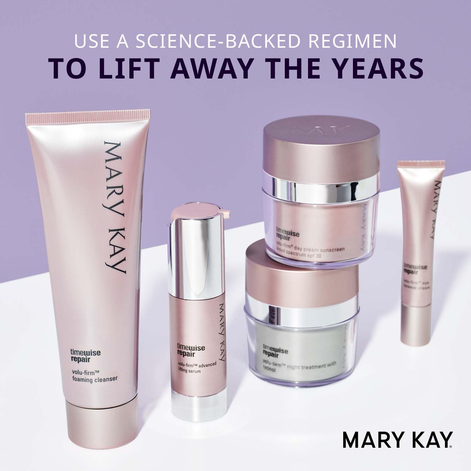 Before-and-after style layout of Mary Kay TimeWise Repair Volu-Firm Set suggesting visible improvements.