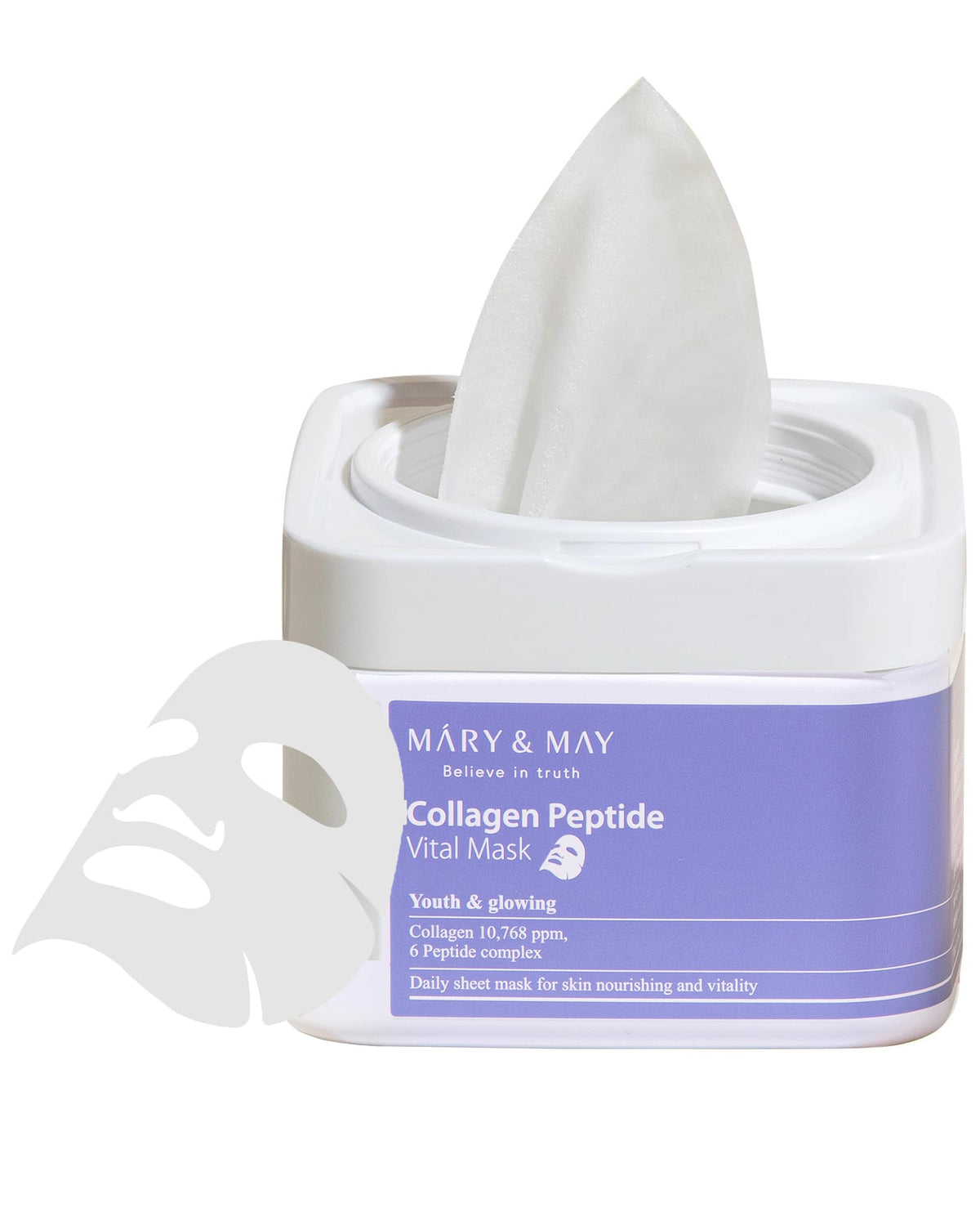 Mary&May mascarilla de colágeno-peptidos vital en estuche deslizante para uso diario.