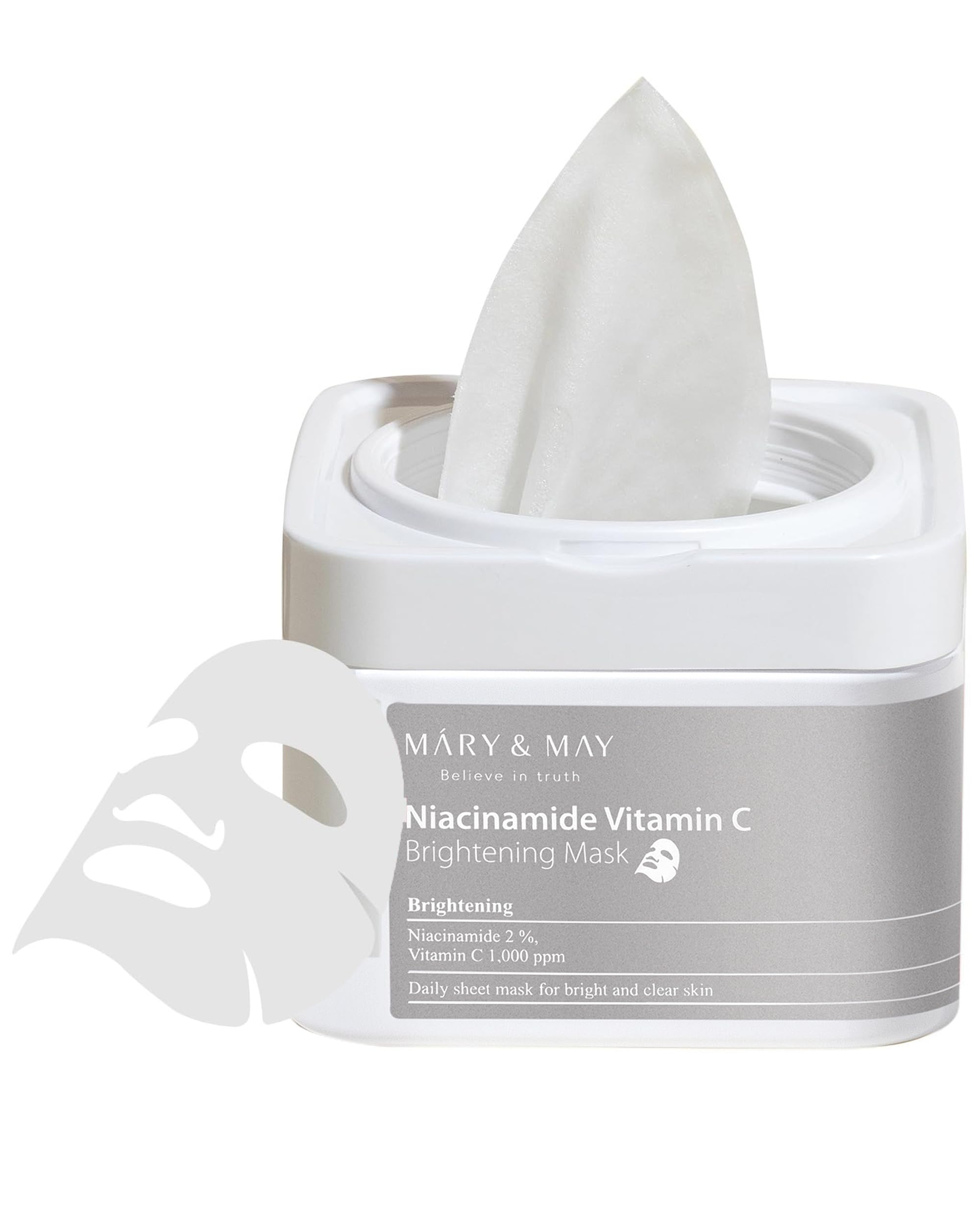 Mary&May mascarilla de hoja con niacinamida y vitamina C en estuche higienico.