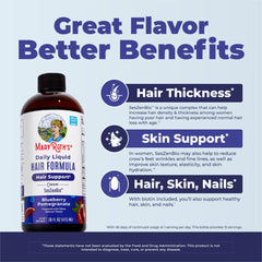 MARYRUTH'S Daily Liquid Hair Formula label closeup reveals SesZenBio and Biotin content for hair and skin support