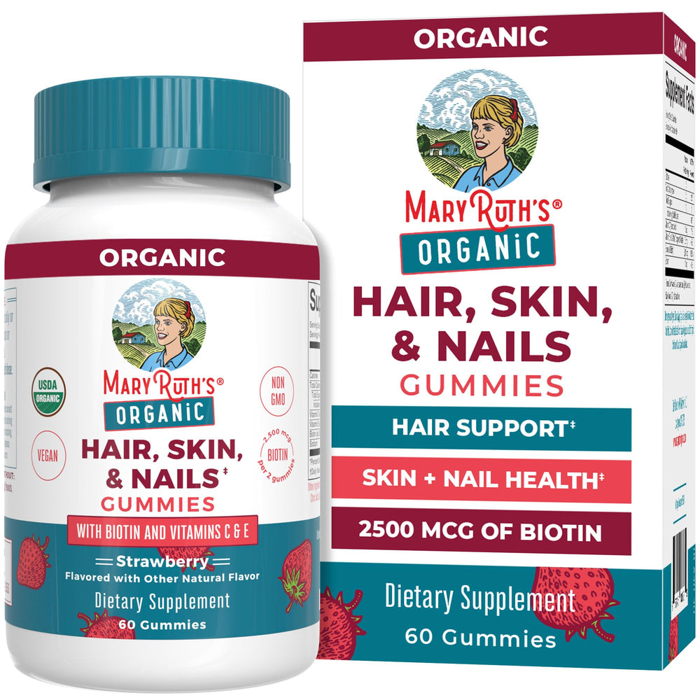 MaryRuth's Hair Skin Nails gummies bottle highlighting strawberry flavor for daily hair skin nails support.