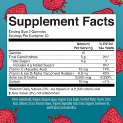 Close-up of MaryRuth's Organic vegan gummies with the label for clean ingredient confidence.