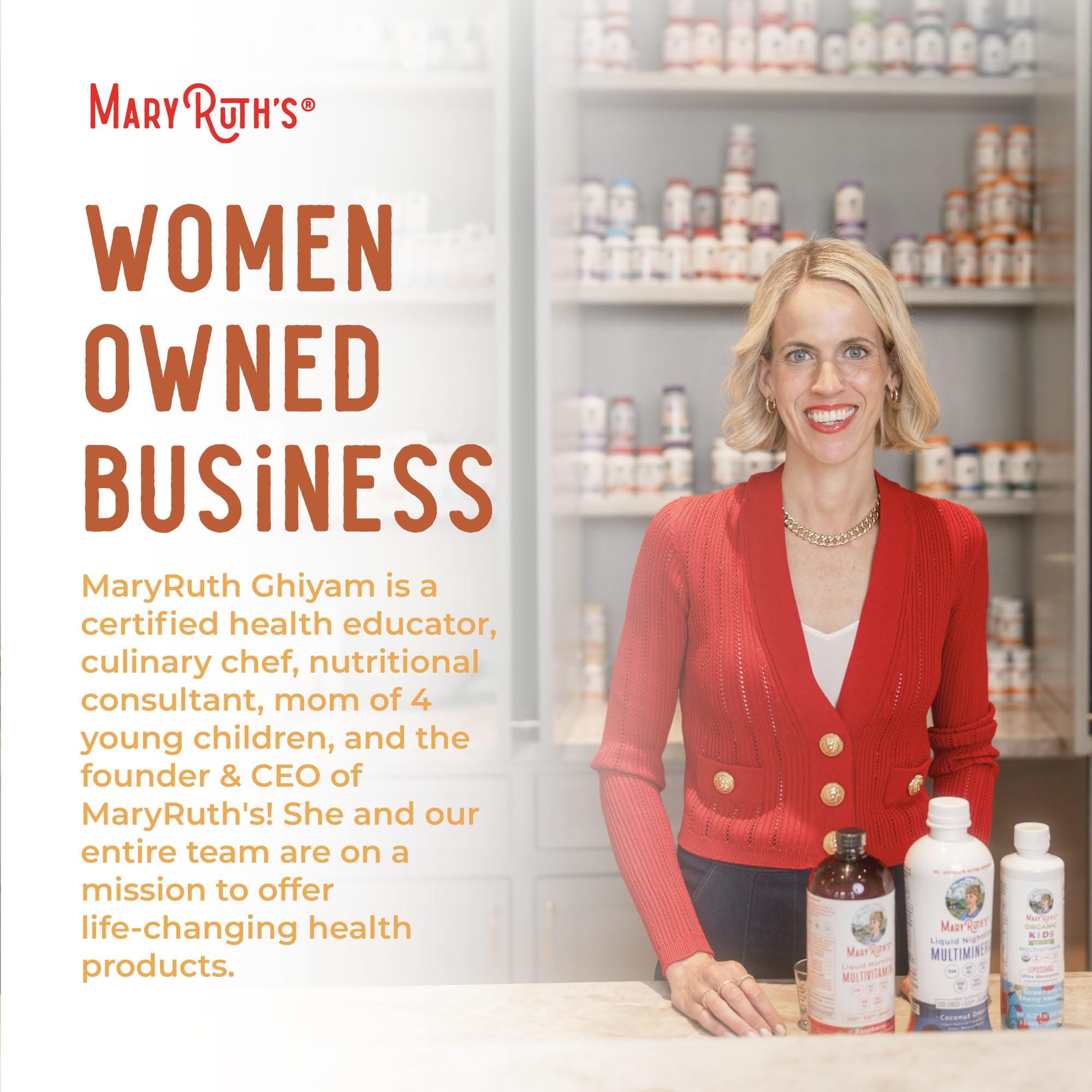 MaryRuths ingredient list featuring biotin selenium vitamin D3 E hyaluronic acid.