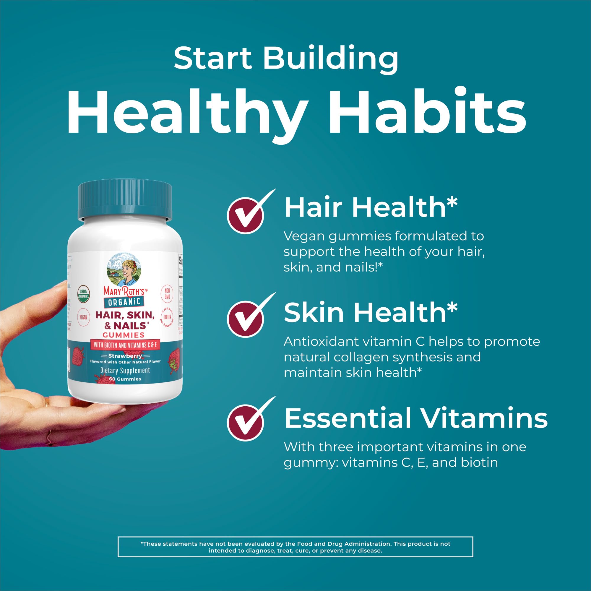 Vitamin C and E icons illustrate antioxidant support for skin health.