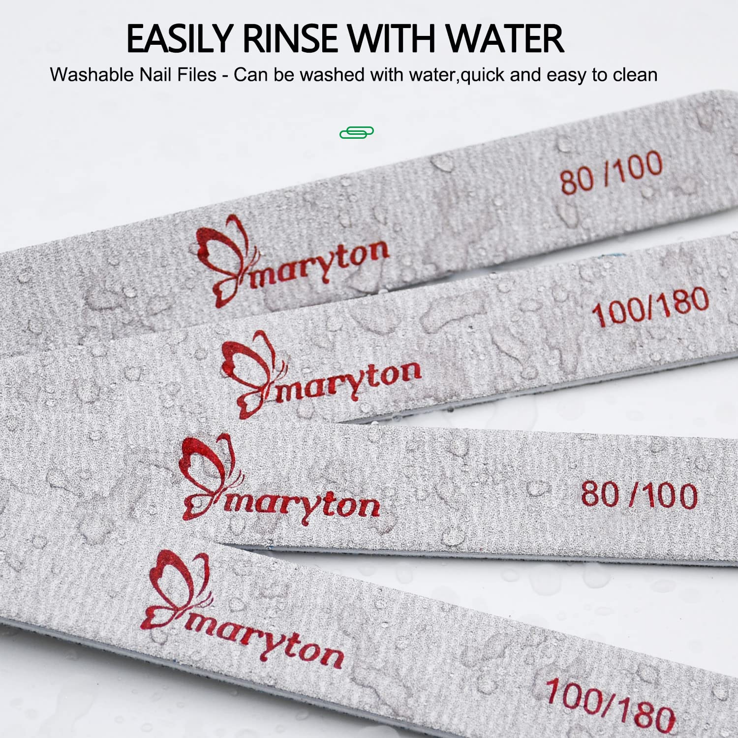 Maryton coarse file in use on acrylic nails during manicure.