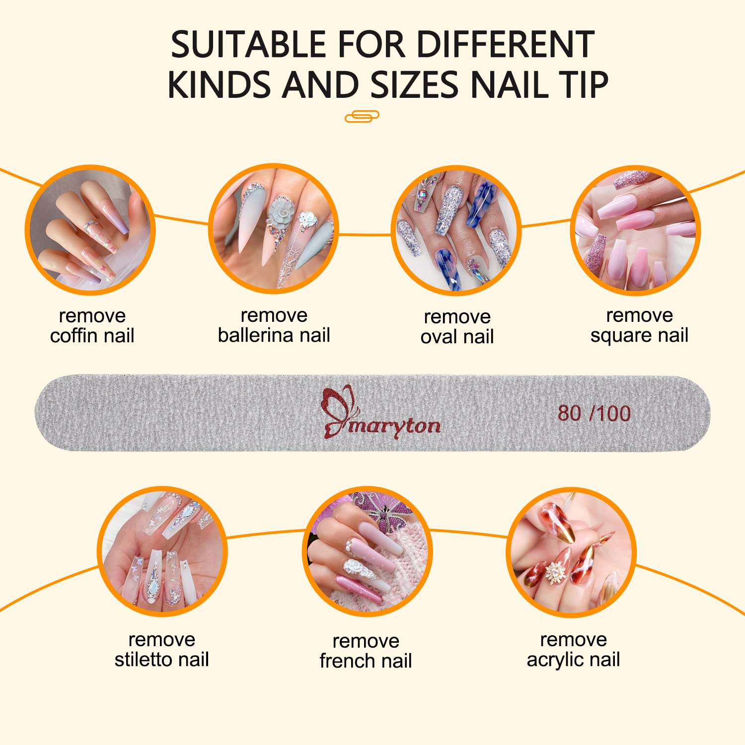 Maryton double-sided wood emery board with 80/100 grit for fast shaping.