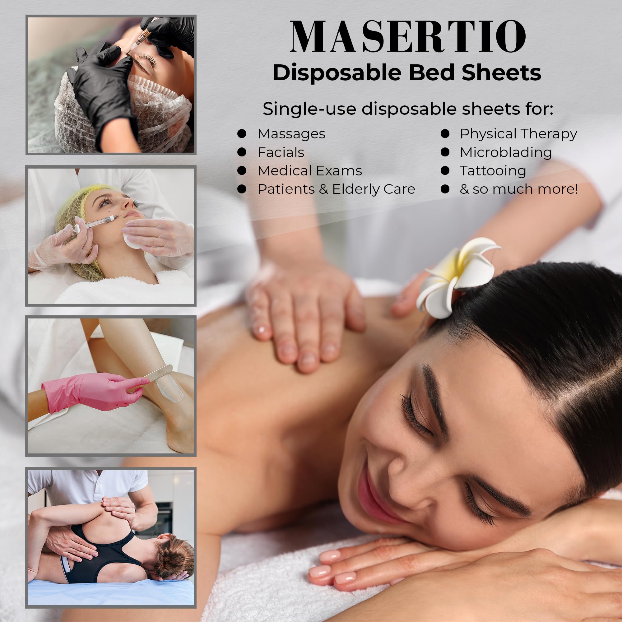MASERTIO face-cut-out disposable sheet supports facial treatments
