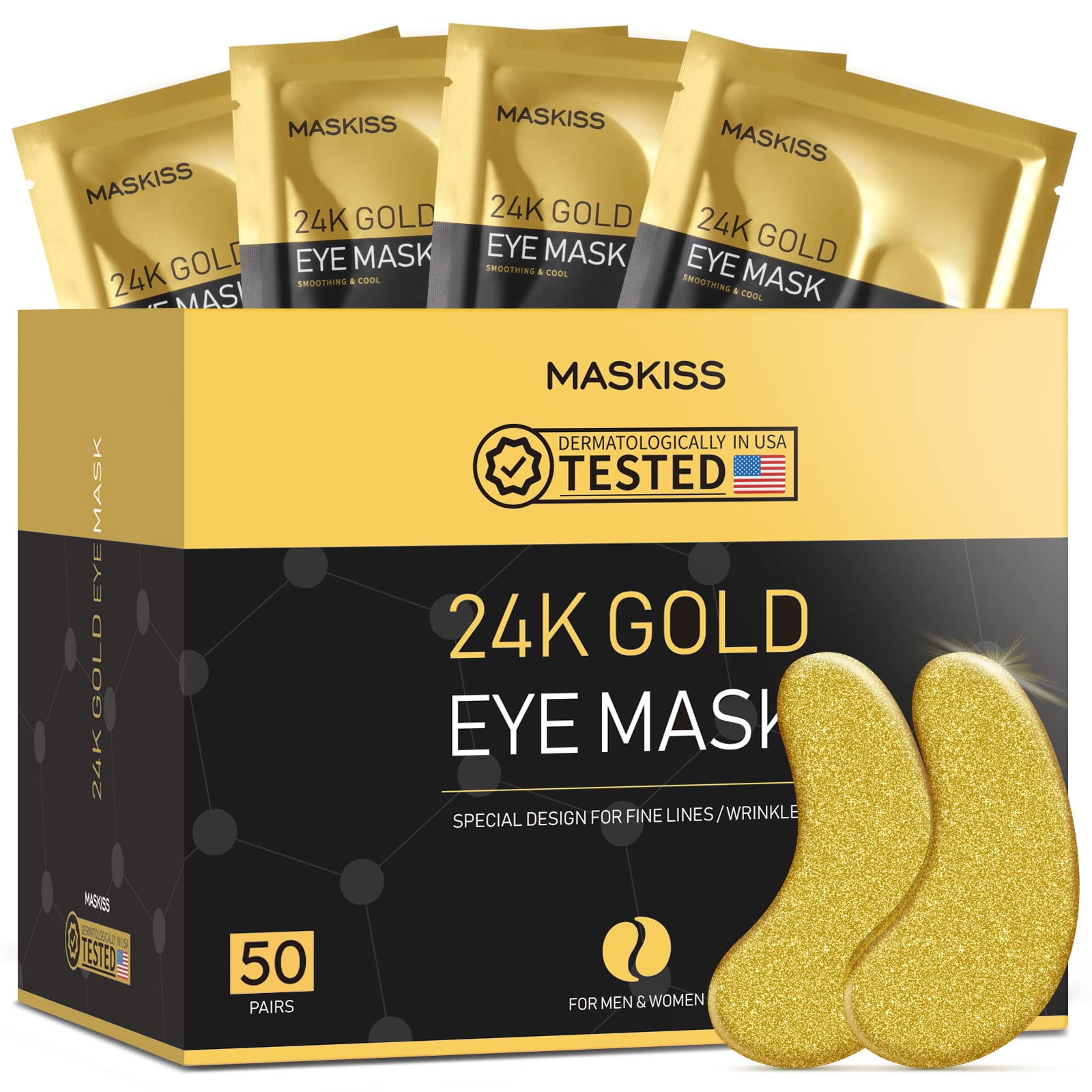 Maskiss packaging for 24k gold under eye patches promoting premium eye care.