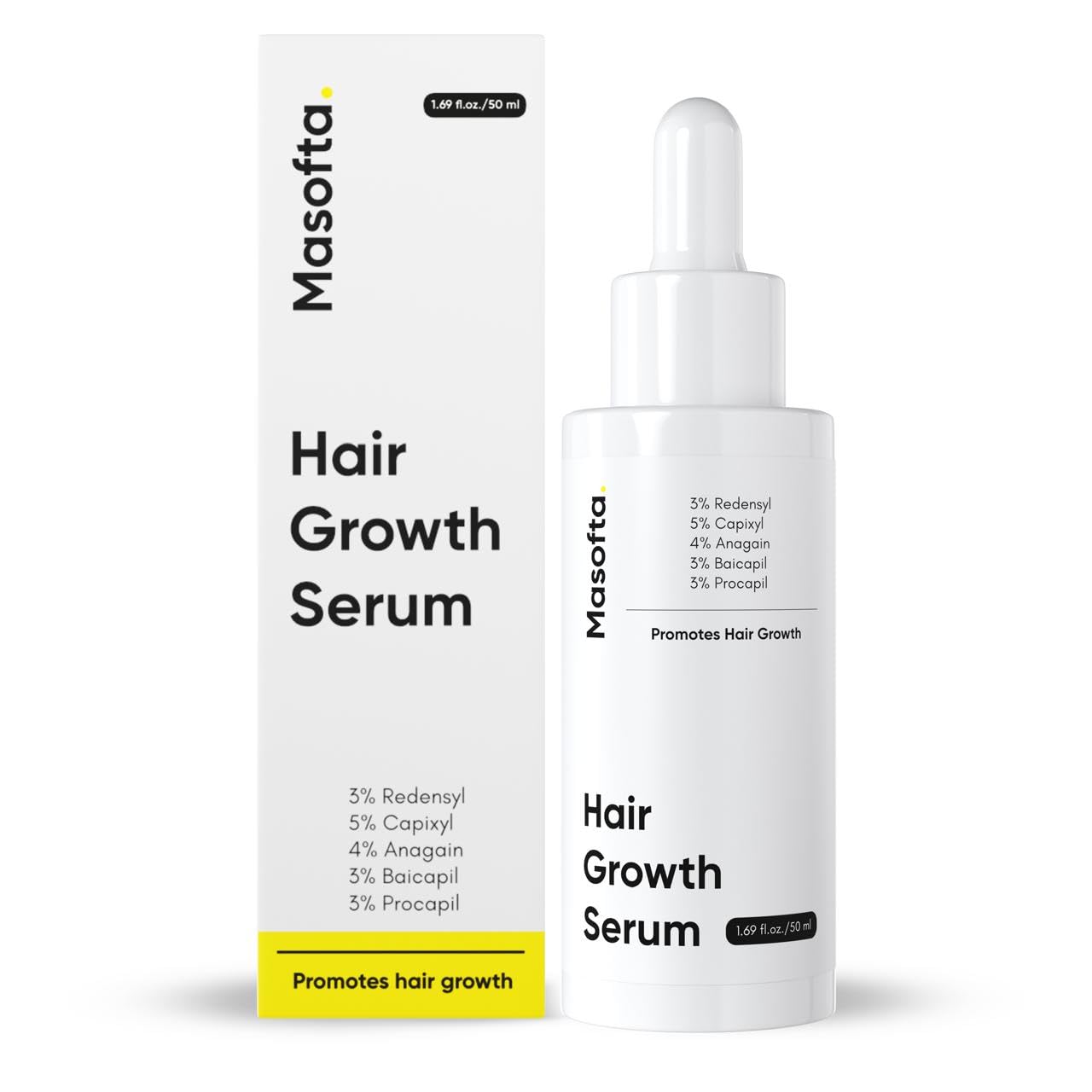 Masofta Hair Growth Serum bottle showing 50 ml size for daily scalp application promoting growth
