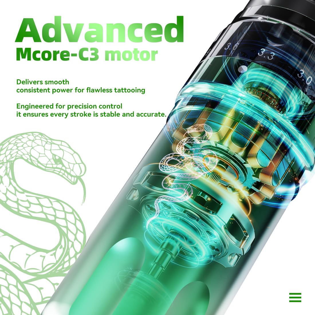 MAST TATTOO Mcore-C3 motor delivers reliable, no-snag performance.