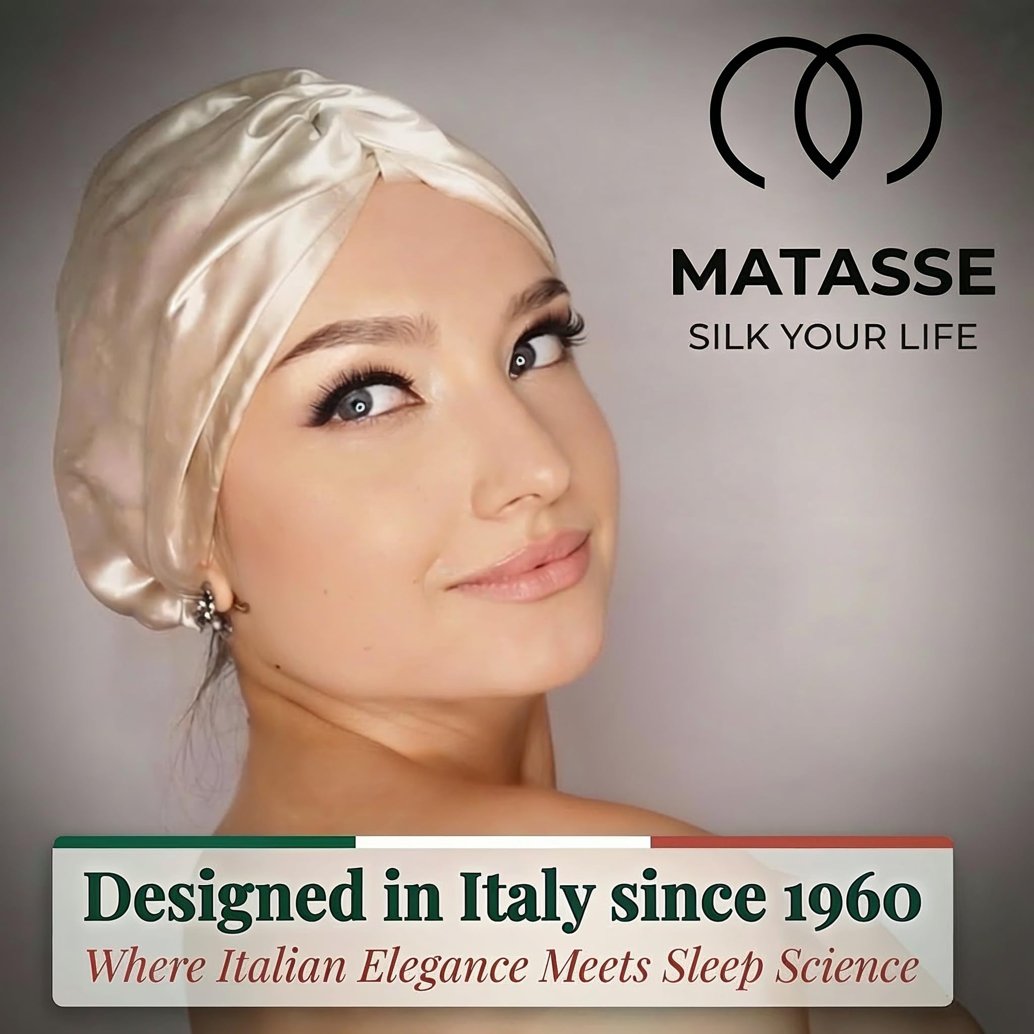 MATASSE silk bonnet with elastic band stays on overnight