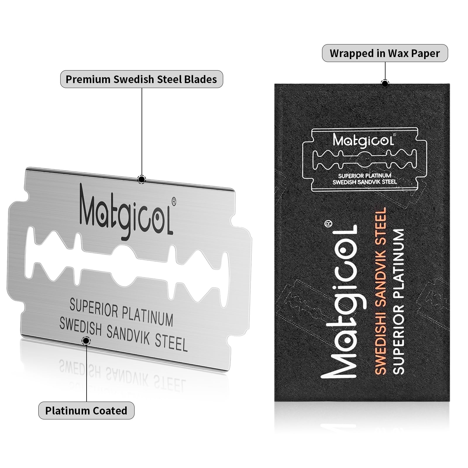 MATGICOL platinum Swedish steel close up highlighting sharp, durable blades for precise shaves.