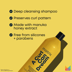 Matrix A Curl Can Dream Deep Cleansing Shampoo label shows silicone-free formula for curls