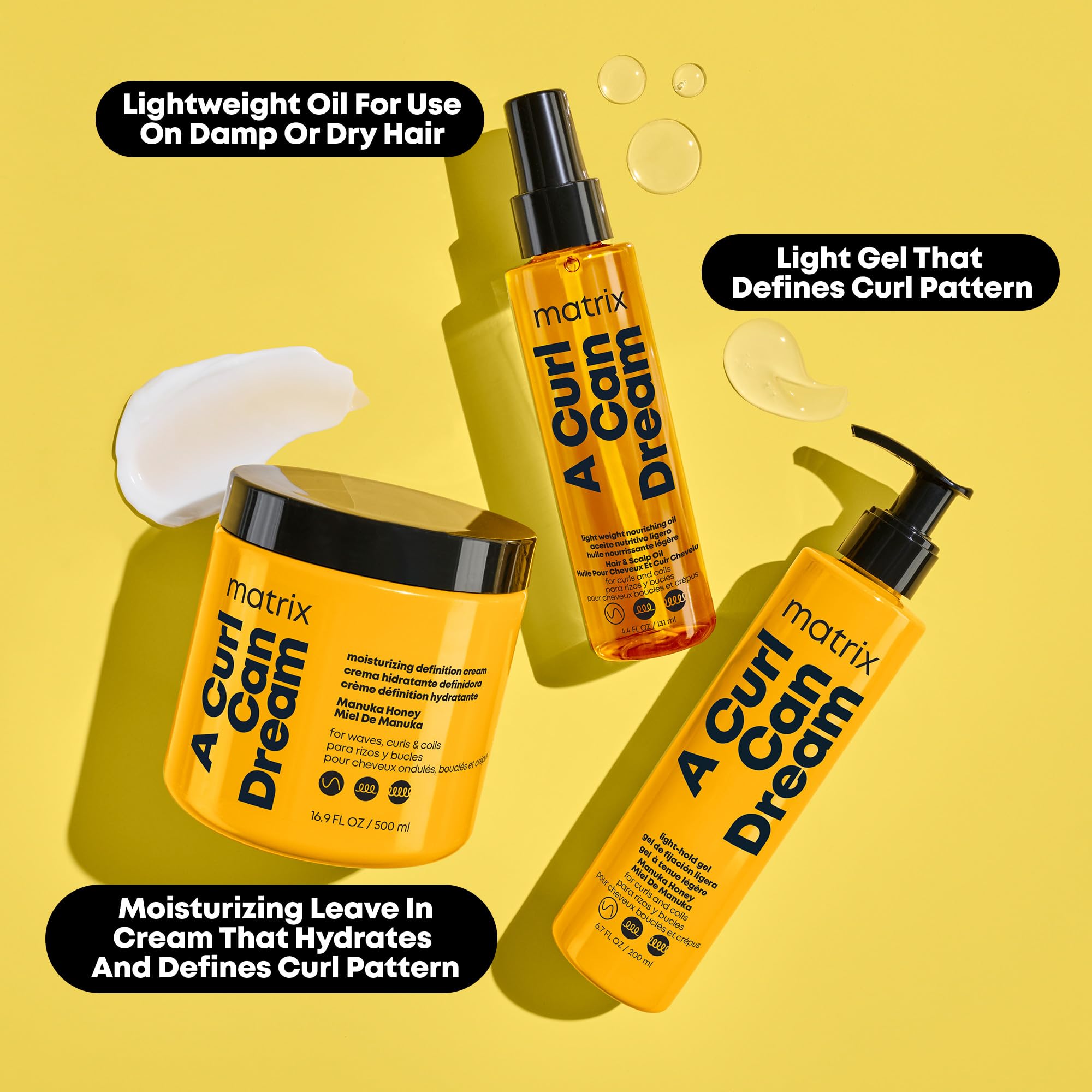 Matrix A Curl Can Dream oil label closeup showing Manuka honey extract