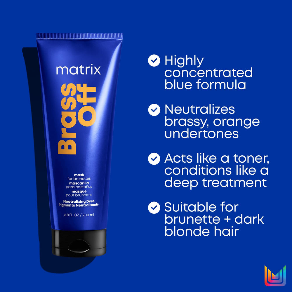 Matrix Brass Off Mask product being applied to hair for neutralization