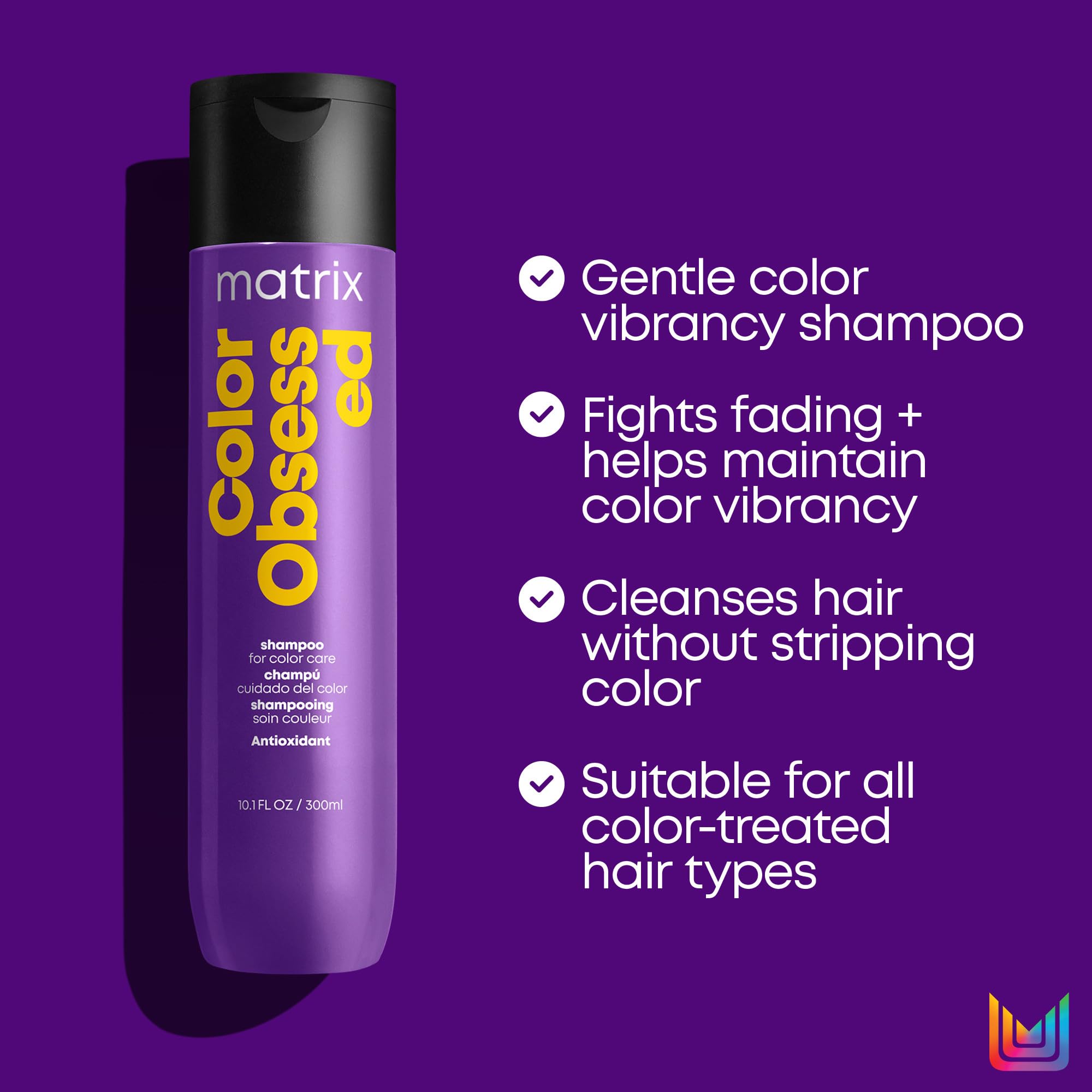 MATRIX Color Obsessed antioxidant shampoo damp-hair application emphasizes moisture and color vibrancy