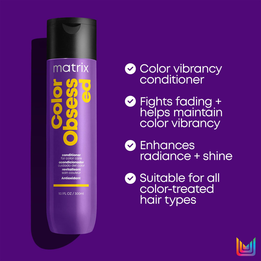 Matrix Color Obsessed conditioner label detailing color protection and vegan formula.