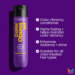 Matrix Color Obsessed conditioner label detailing color protection and vegan formula.