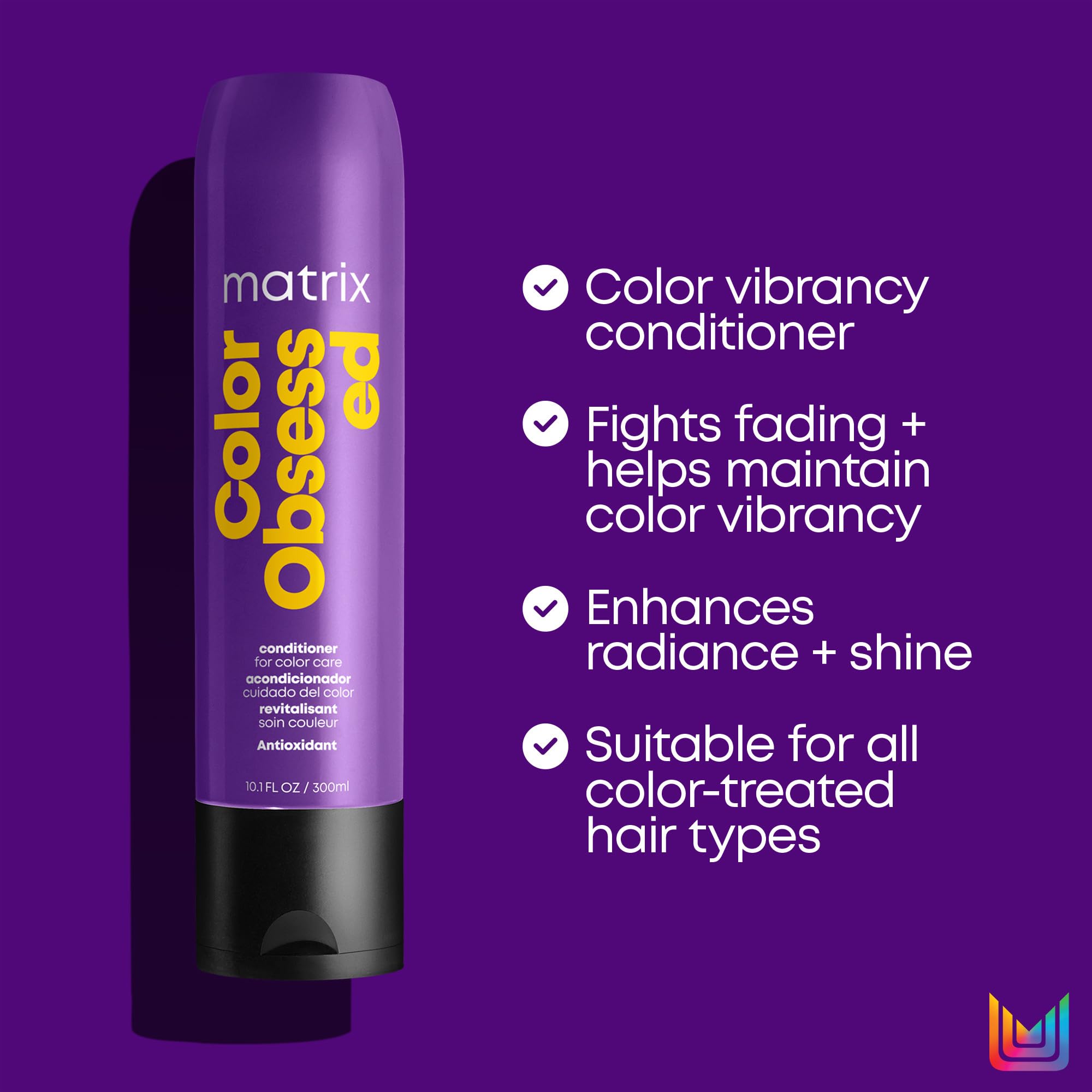 Matrix Color Obsessed Conditioner finish shows shiny, healthy color-treated hair.