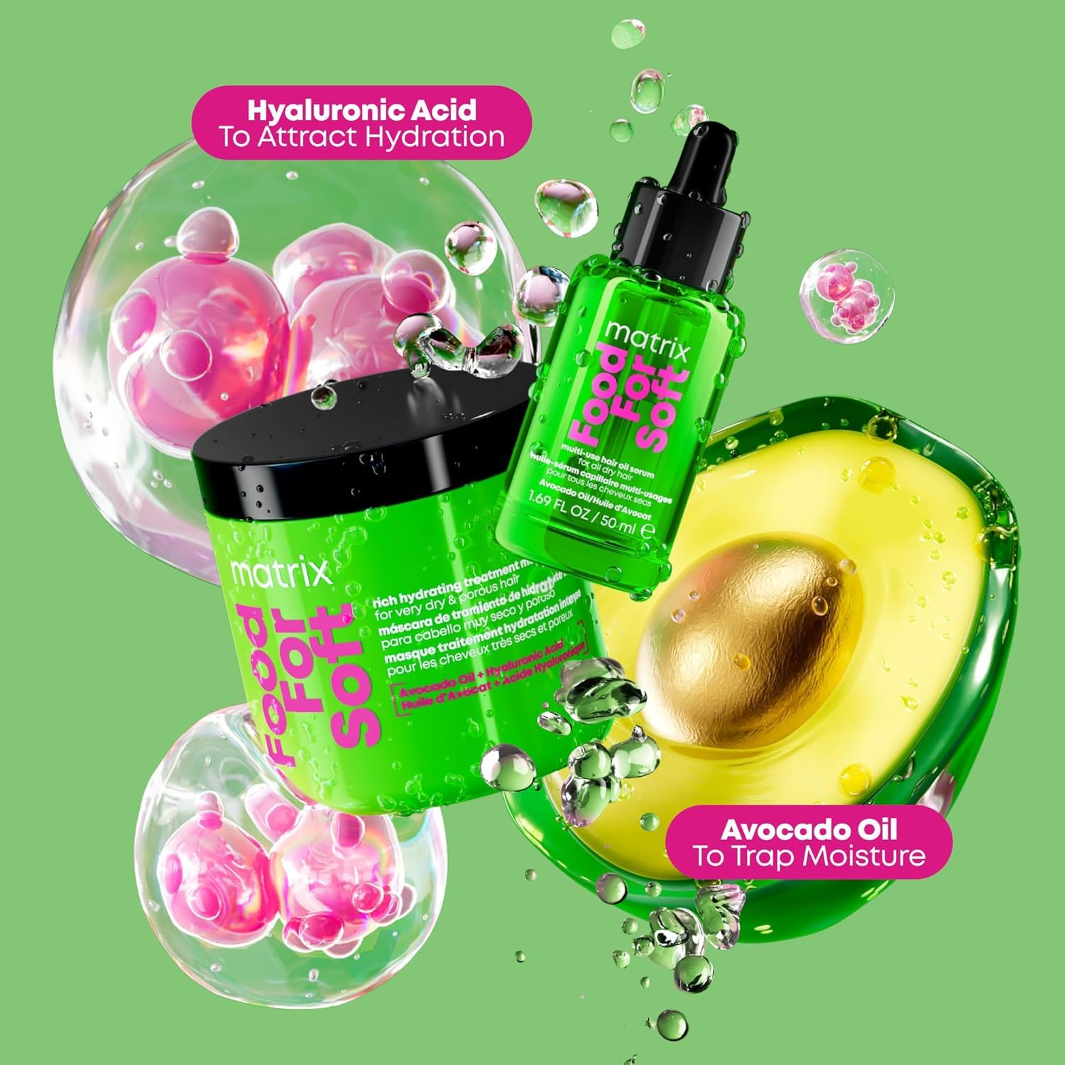 Matrix Food For Soft Máscara Hidratante, cabello deshidratado recibe hidratación profunda.