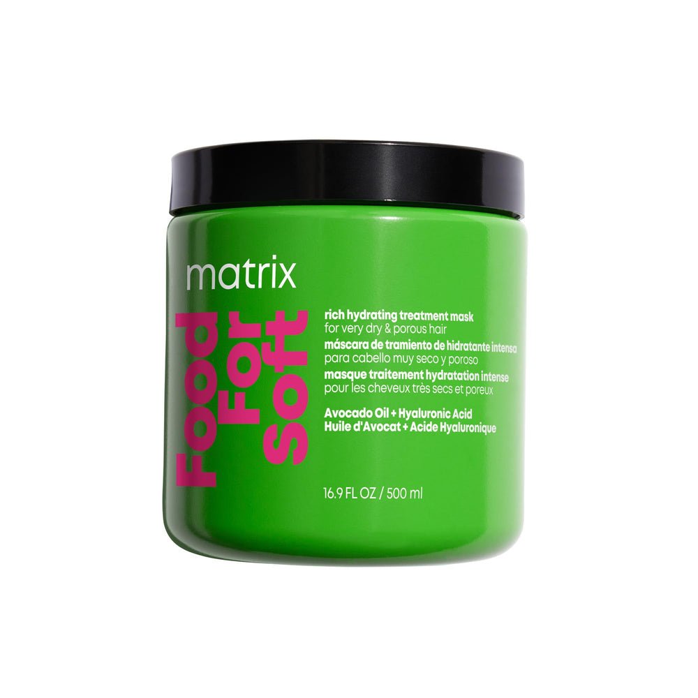 Matrix Food for Soft Rich Hydrating Mask jar-application demonstrates deep hydration for dry hair.