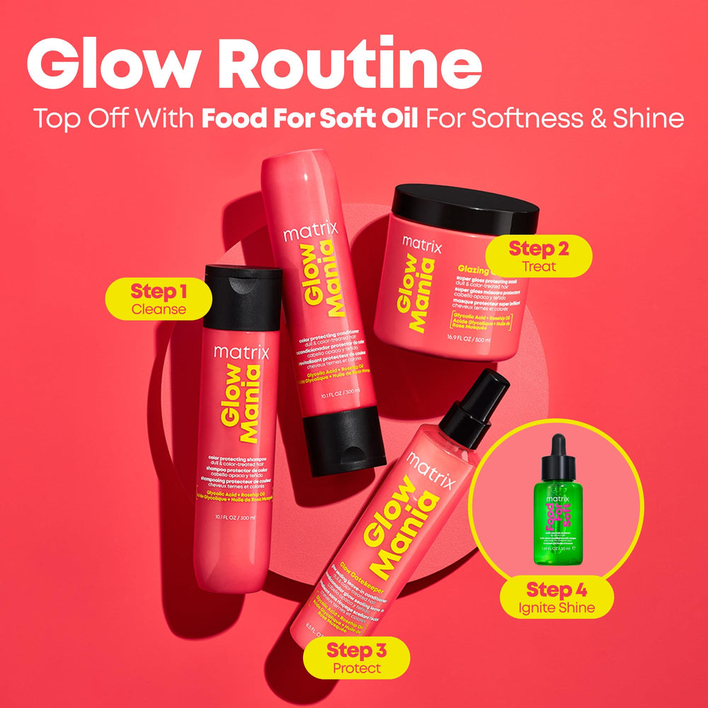 Matrix Glow Mania acidic gloss system image signals pro-grade finish and long-lasting color.