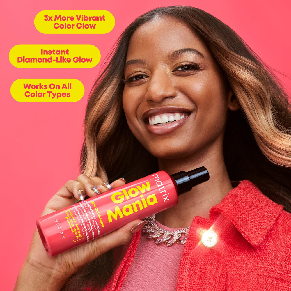 Matrix Glow Mania hair shine close-up highlights a mirror-like finish.