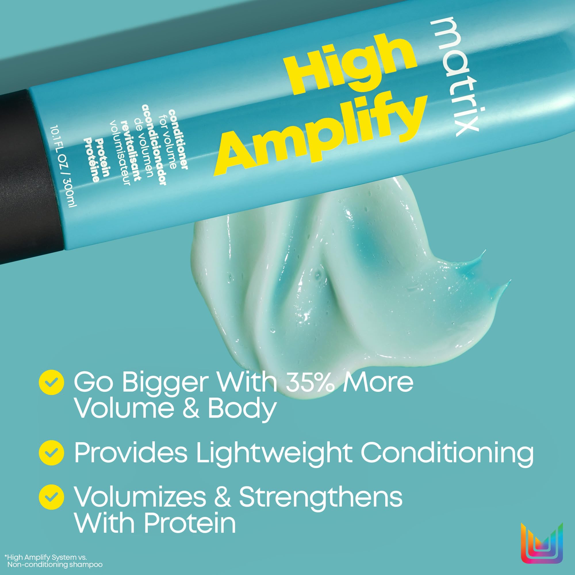 Aplicación suave de Matrix High Amplify, acondicionador ligero para cabello fino.