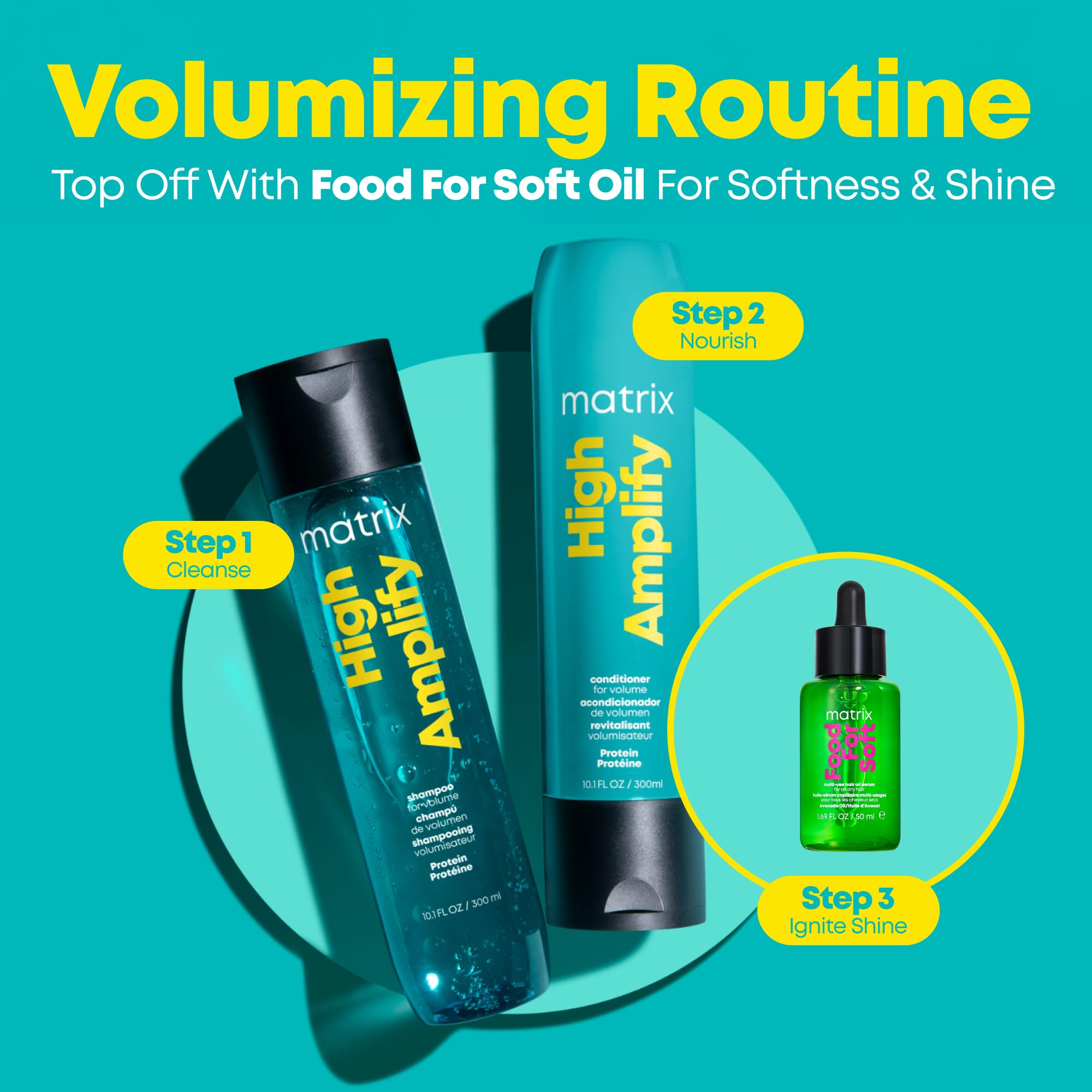 Matrix High Amplify Shampoo system packaging emphasizes a complete volume solution.