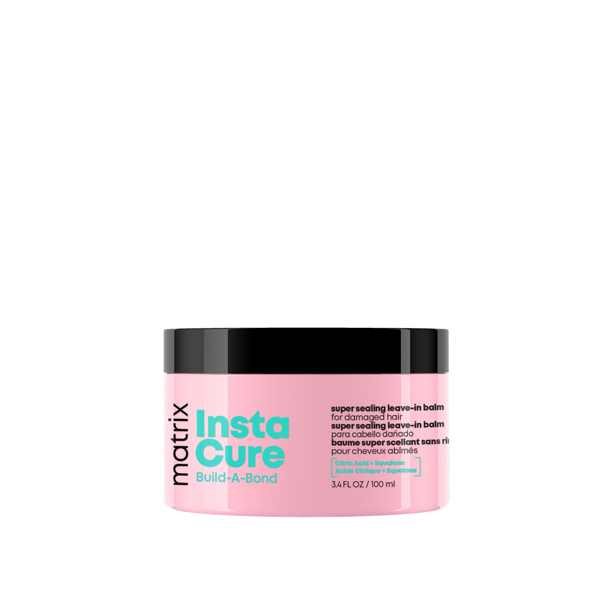 MATRIX Instacure balm bottle close-up showing bond-building formula for damaged hair.