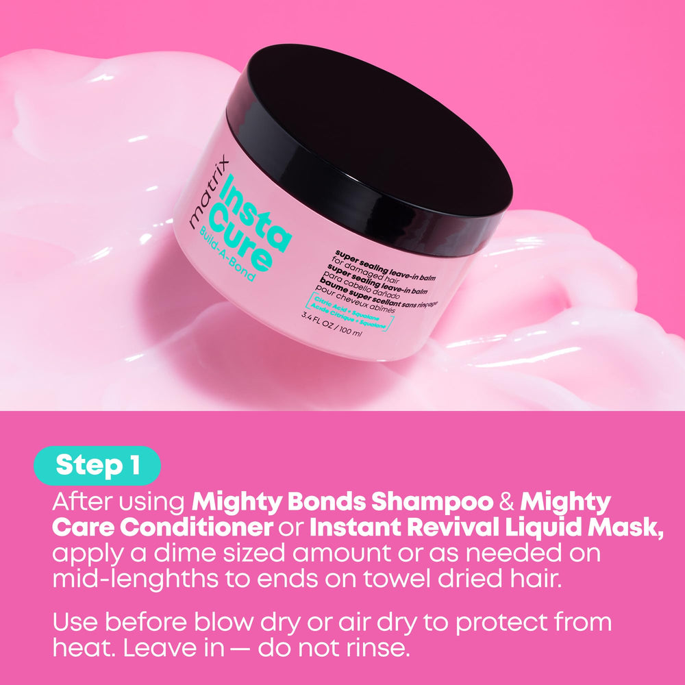 Styling tools near Matrix Instacure balm indicating heat protection up to 450°F.