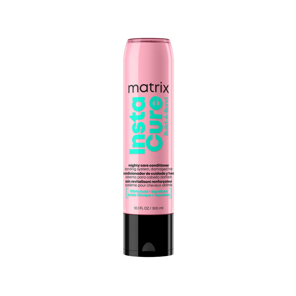 Matrix Instacure Mighty Care Conditioner bottle highlights bond repair for damaged hair.