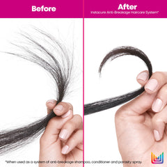 MATRIX Instacure bottle demonstrating cuticle smoothing on hair strands