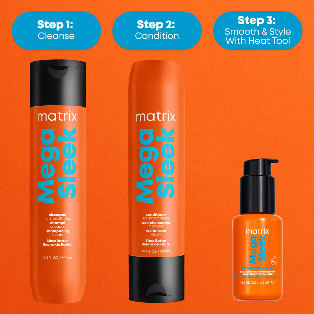 Matrix Mega Sleek frizz-closeup reveals sleek, frizz-free strands.