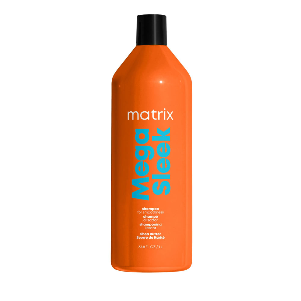 Matrix Mega Sleek Shampoo bottle showing anti-frizz protection for dry hair.