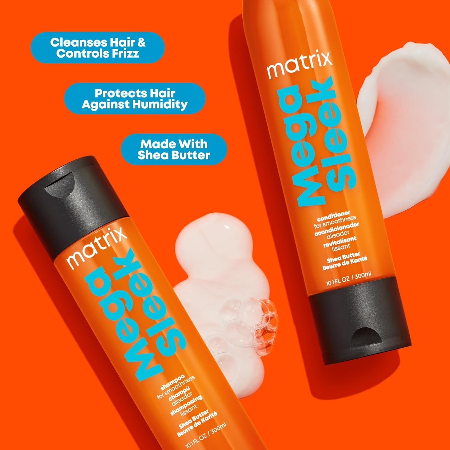 Matrix Mega Sleek Shampoo lather demonstrating smoothing action for unruly hair.