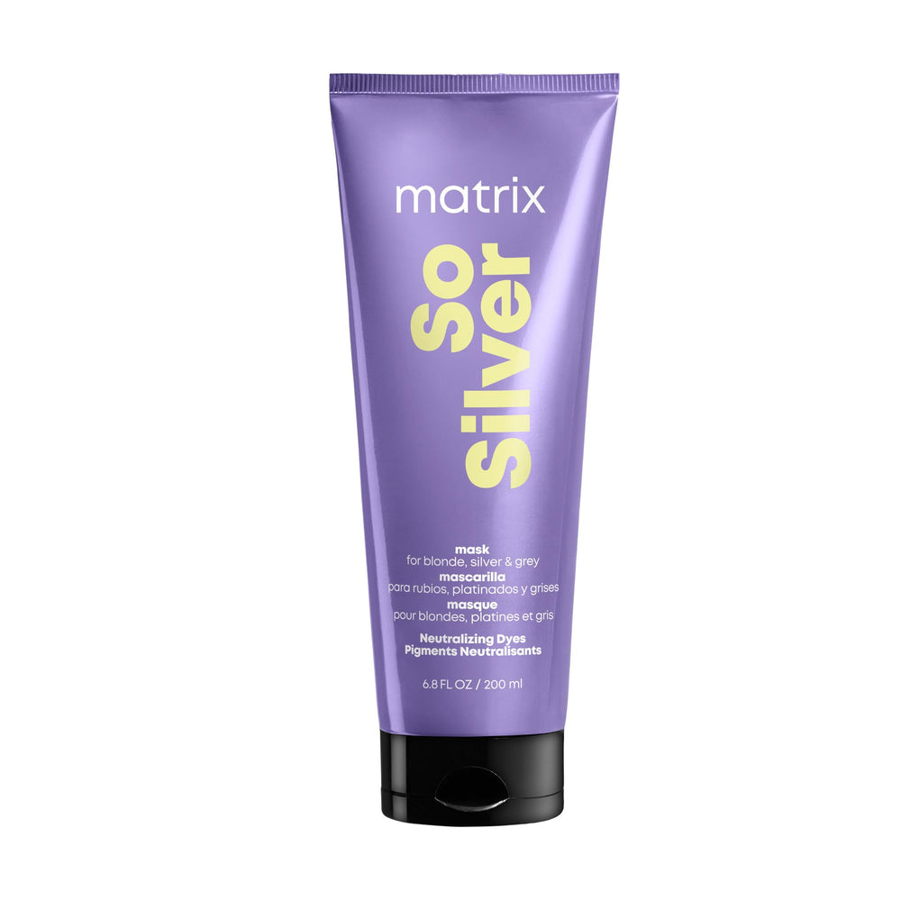 Matrix So Silver bottle close-up showing purple toning formula for blonde and silver hair
