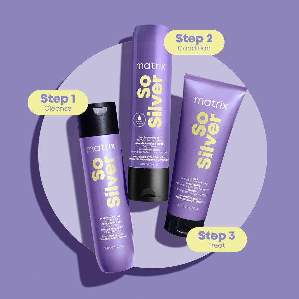 Matrix So Silver purple shampoo on damp hair with hydration benefits