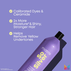 Matrix So Silver shampoo neutralizes brass with violet pigment while hydrating hair