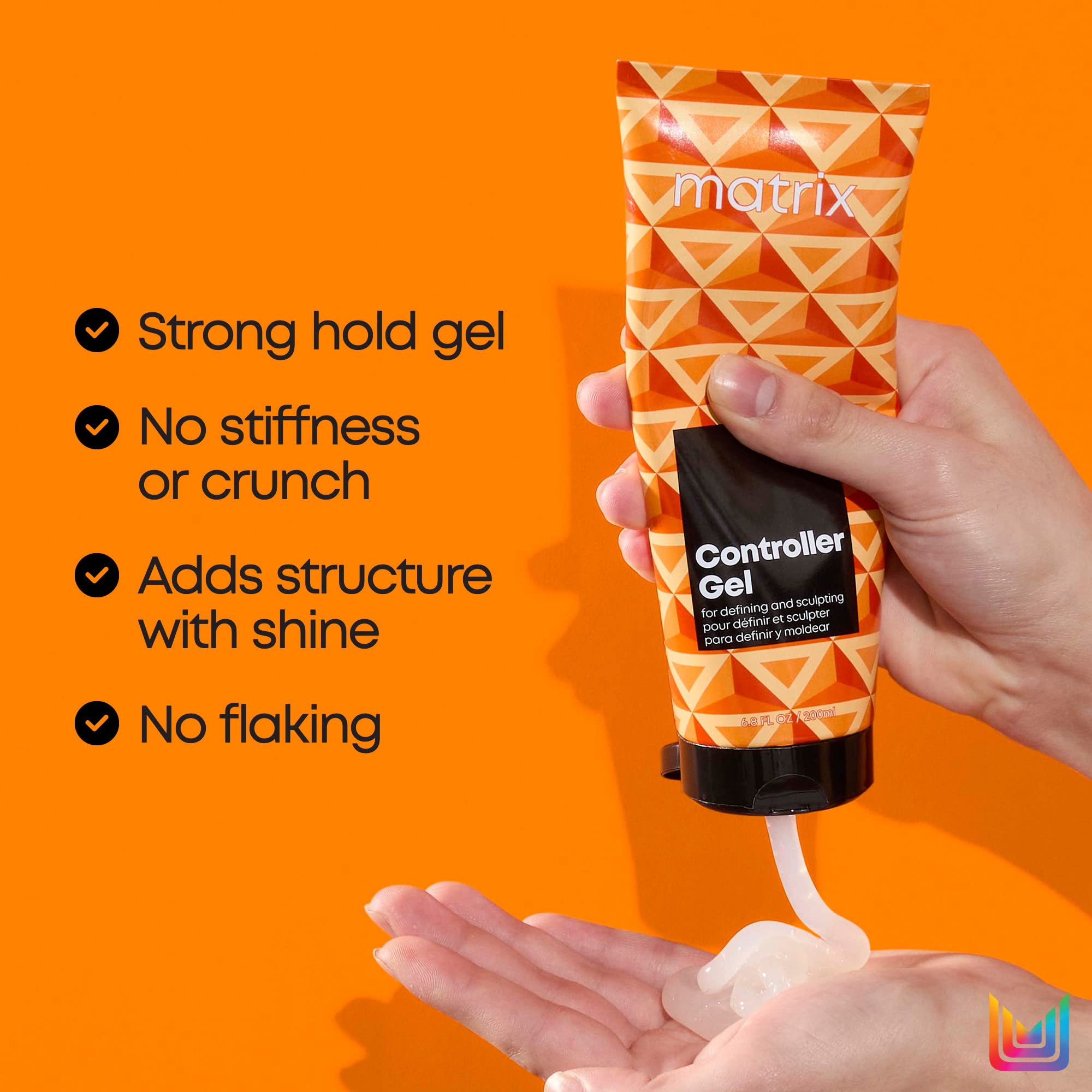 Matrix Styling Controller Gel bottle back highlights easy rinse-out and vegan ingredients