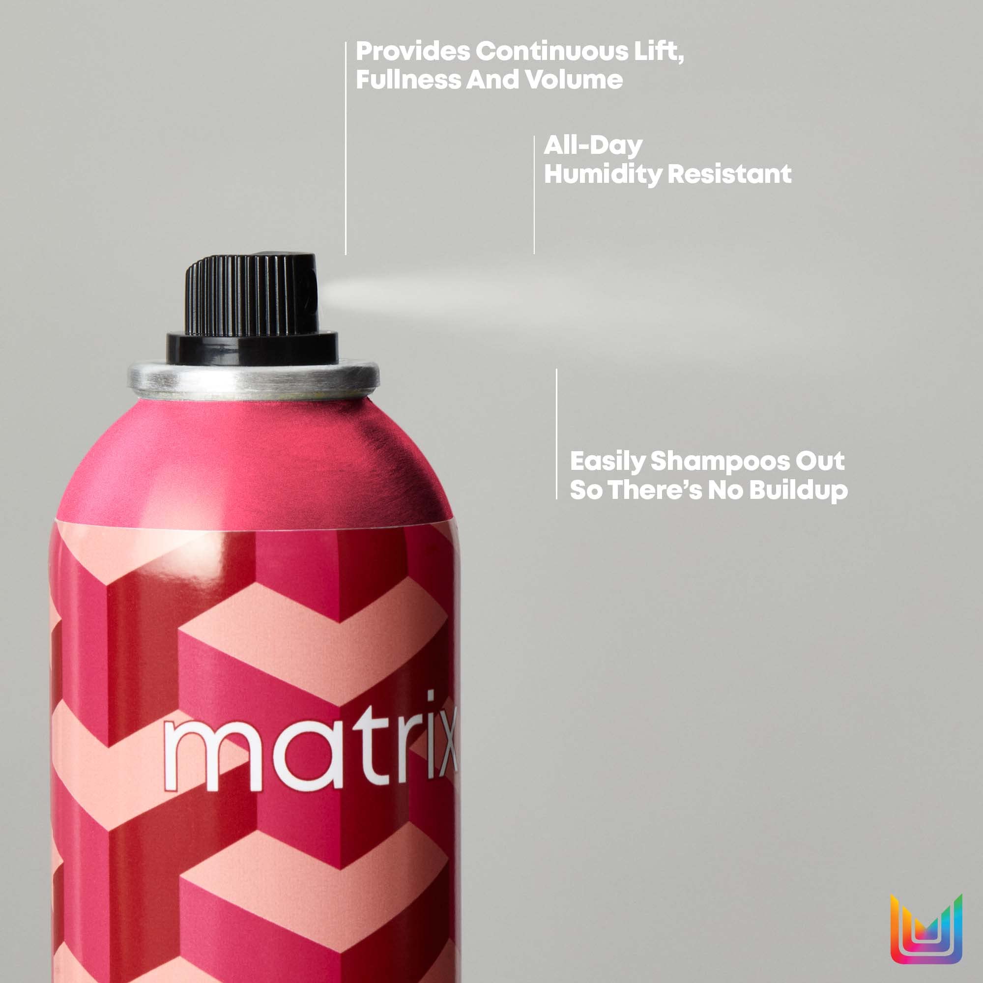 Matrix Styling Fixer Hairspray frizz-control formula resists humidity throughout the day.