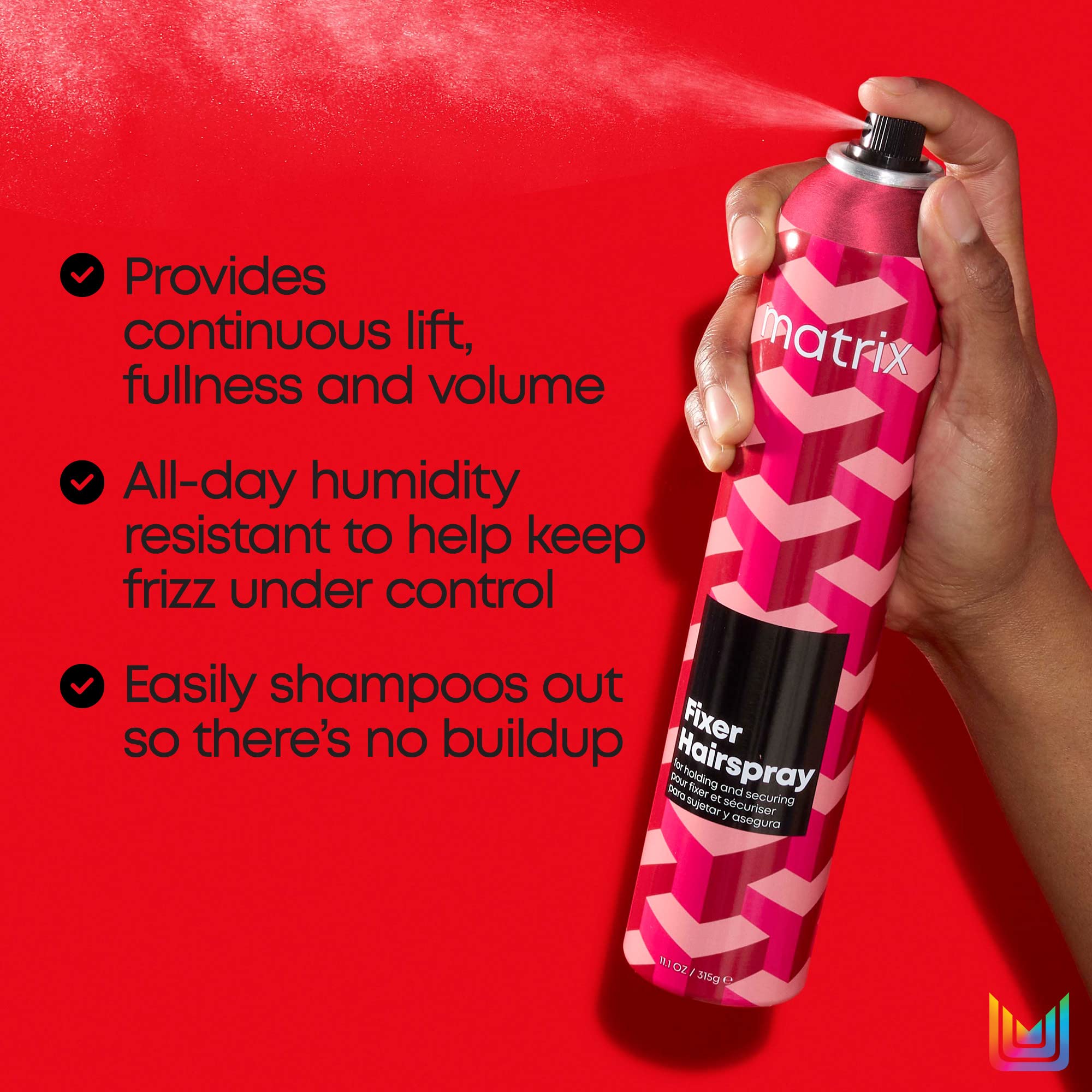 Matrix Styling Fixer Hairspray pump dispenses evenly for fast drying and frizz control.