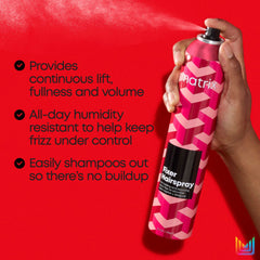 Matrix Styling Fixer Hairspray pump dispenses evenly for fast drying and frizz control.