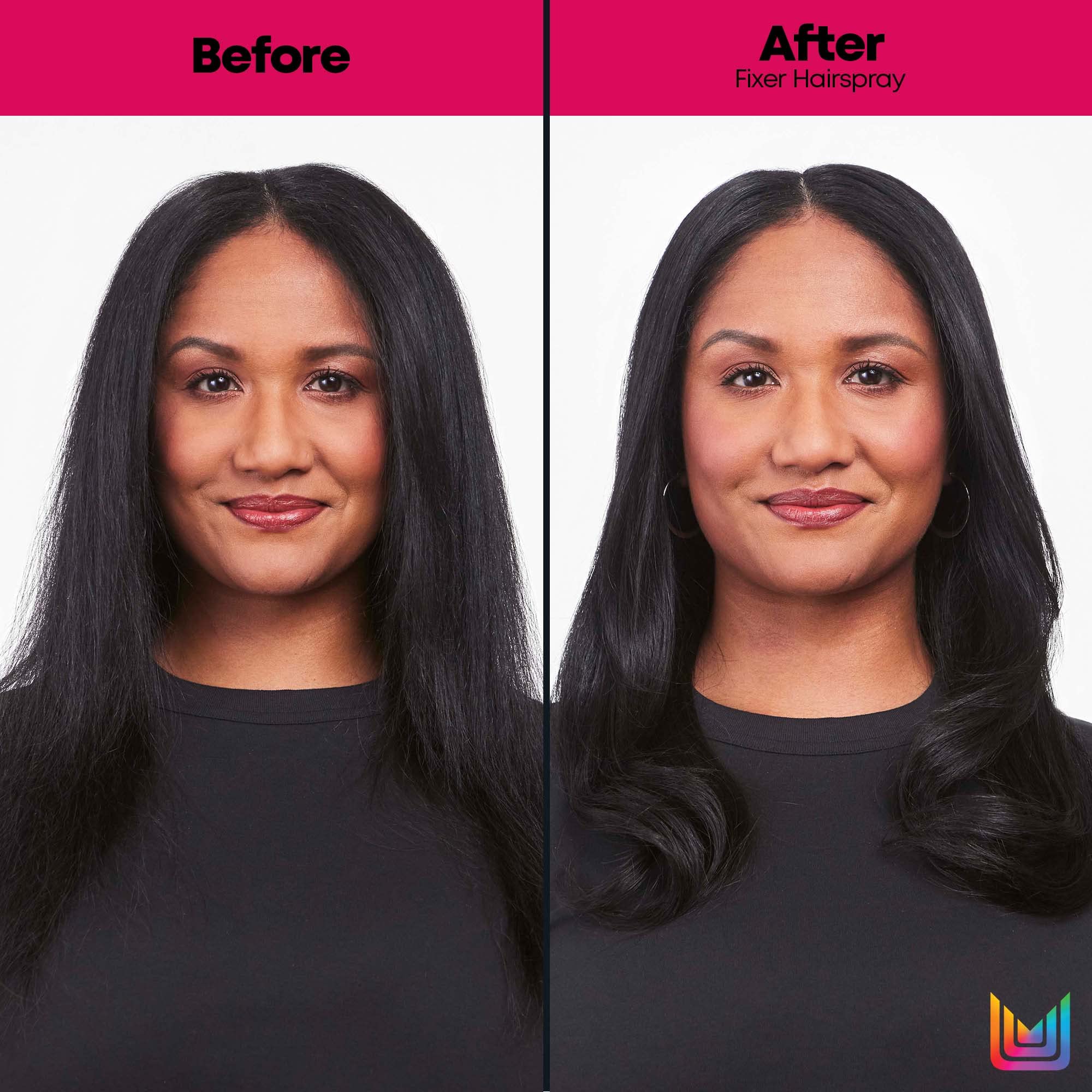 Matrix Styling Fixer Hairspray spritz demonstrates flexible hold without stiffness.