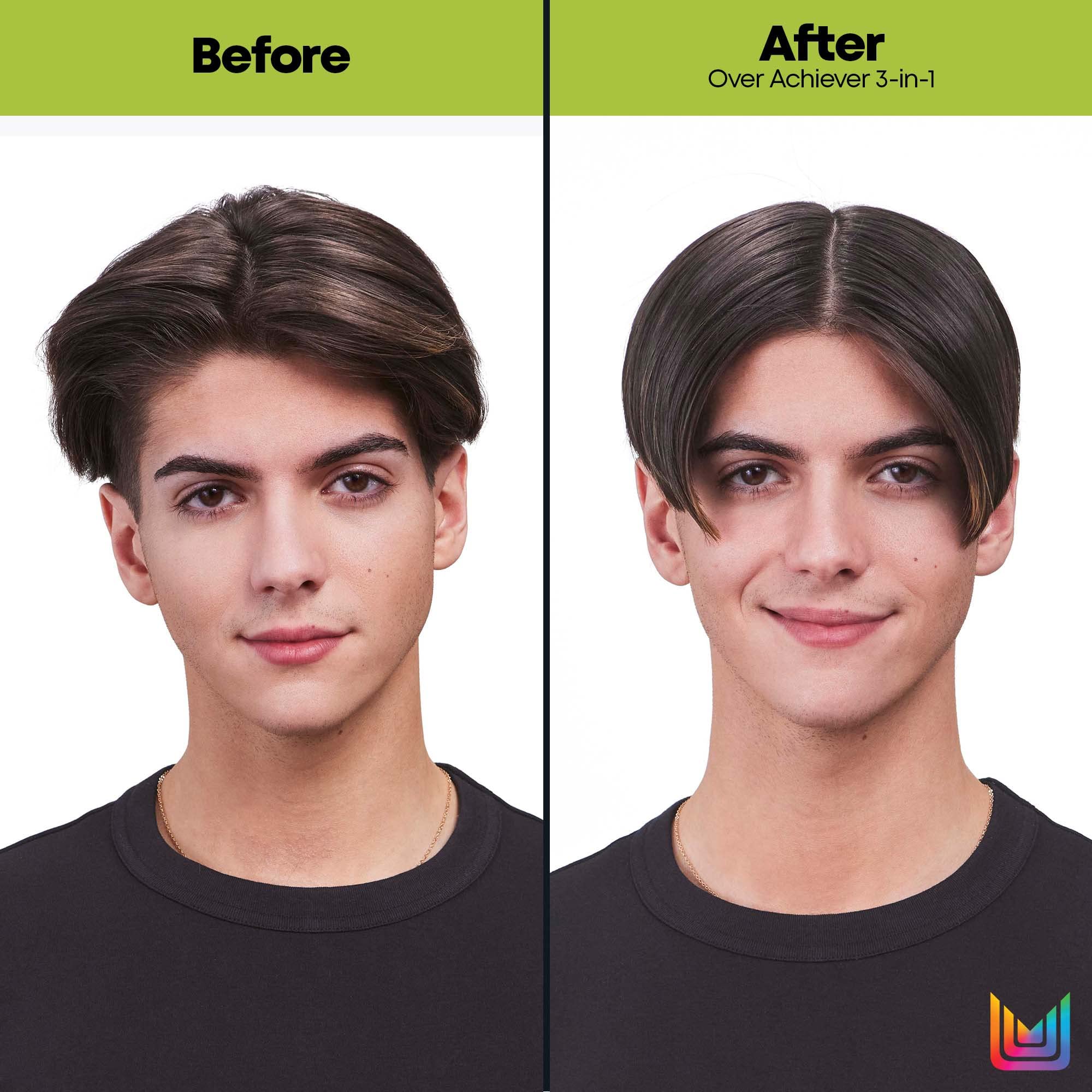 Matrix Styling Over Achiever 3-in-1 Wax on hair shows lasting hold with visible texture.